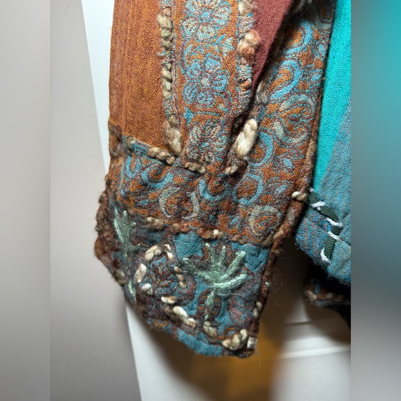 Anu By Natural Vintage Embroidered Boho Patchwork Jacket SMALL Fringe Wool Art - Picture 8 of 14
